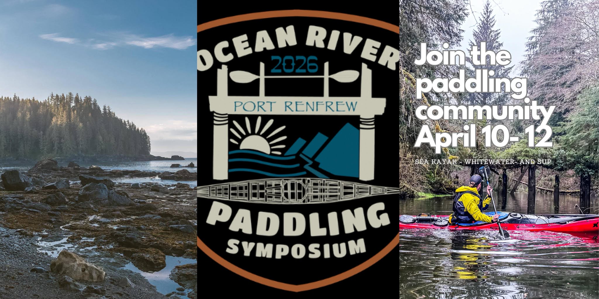 Promotional graphic for the Ocean River 2026 Paddling Symposium with a kayaker in a forest setting.