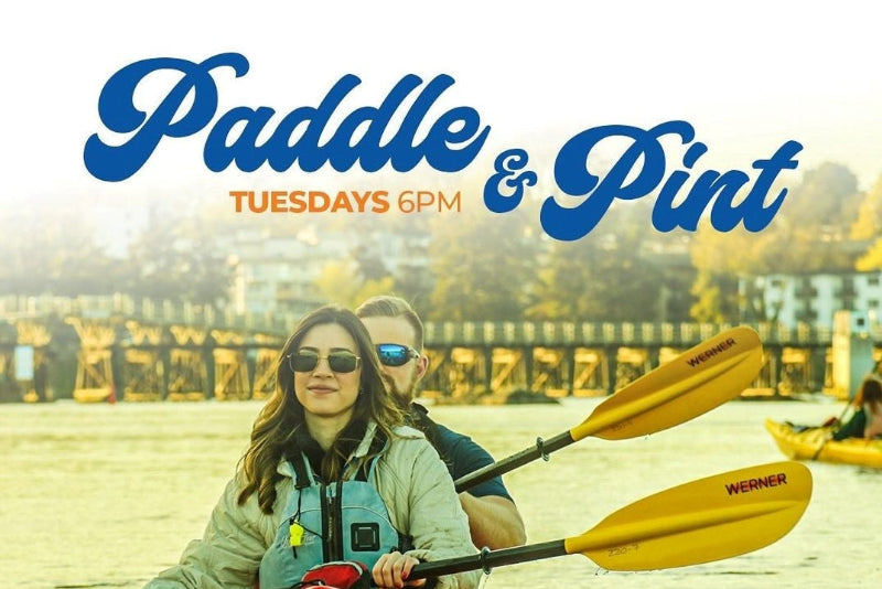 Promotional poster for 'Paddle & Pint' event with kayaks, stand up paddleboarding downtown victoria.